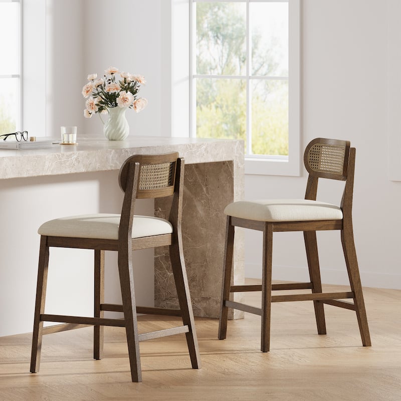 Christopher Knight Home - Kavo Modern Counter Height Bar Stools with Padded Seat & Adjustable Foot Glides - Brown,White+Rattan back