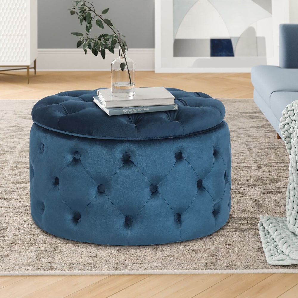 Adeco Round Velvet Button Tufted Storage Ottoman Footrest Footstool