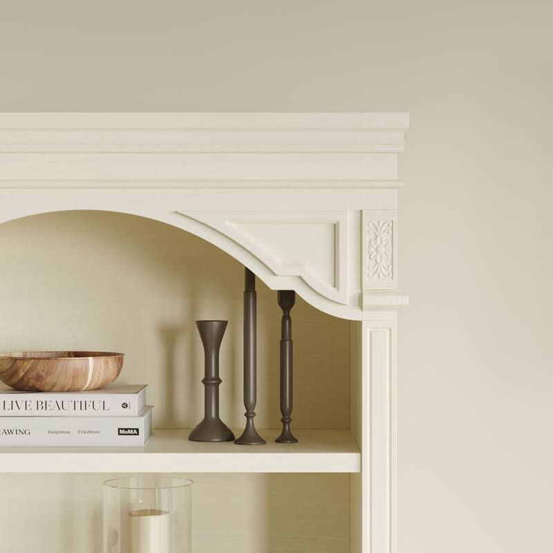 Vintage White Display Cabinet with Shelves and Drawers, Antique Bronze Handles, Hand-Rubbed Finish, Elegant Bookshelf