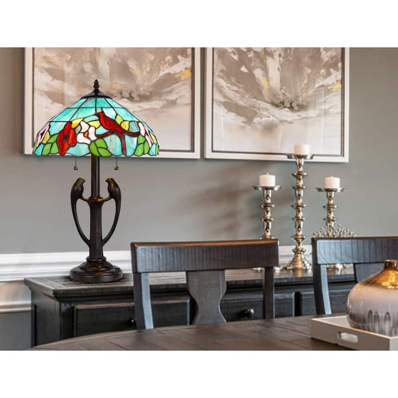 22" Traditional 2-Light Table Lamp with Floral Glass Shade and Resin Base for Bedroom or Office - 22" H x 14" W x 14" D