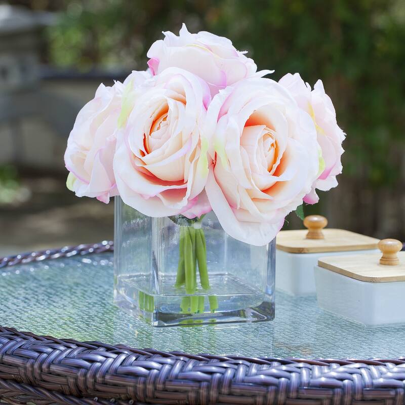 Enova Home 7 Stems Large Artificial Silk Roses Fake Flowers Arrangement in Cube Glass Vase for Home Office Wedding Decoration