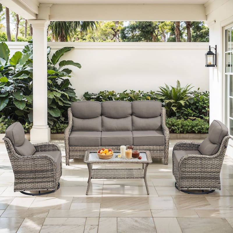 Gymojoy 4-Piece Patio Furniture Set with Swivel Glider Chairs, 6-Inch Ultra-Plush Cushions & Water-Resistant Olefin Fabric - Grey Wicker / Grey Cusion - 4-Piece