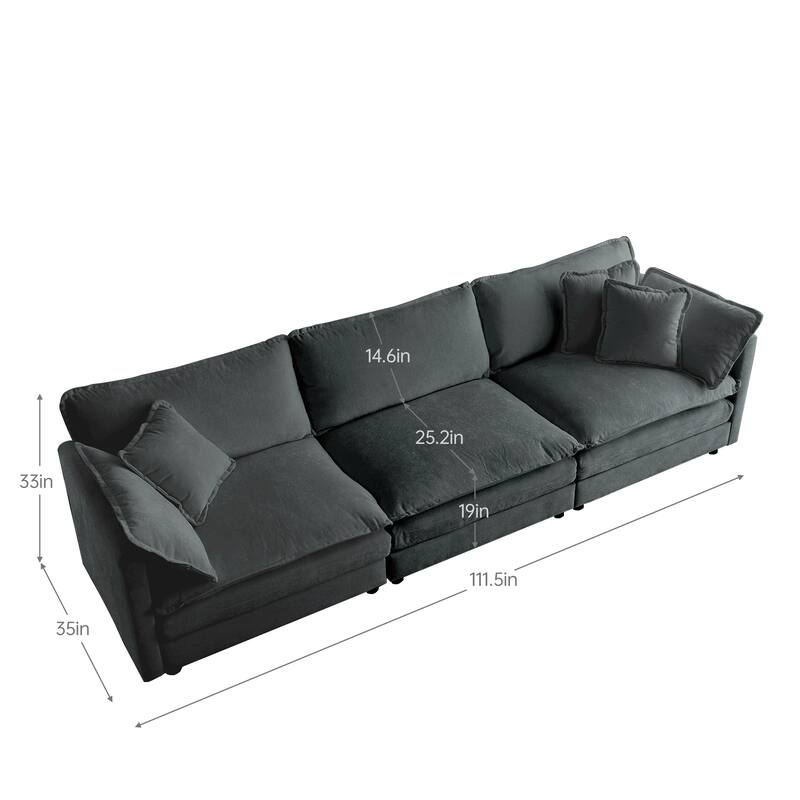 Mid-Century Modern 3-Seater Sofa with 2 Armrest Pillows & 3 Toss Pillows