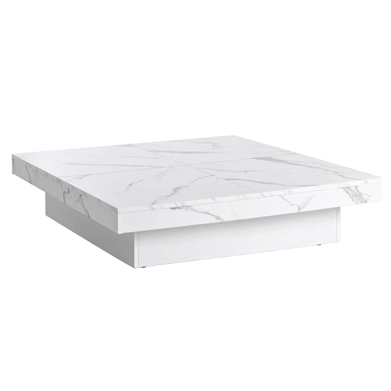 HomeRoots 39" White Faux Marble Wood Square Coffee Table With Storage - 39.40 in. x 9.80 in. x 39.40 in.