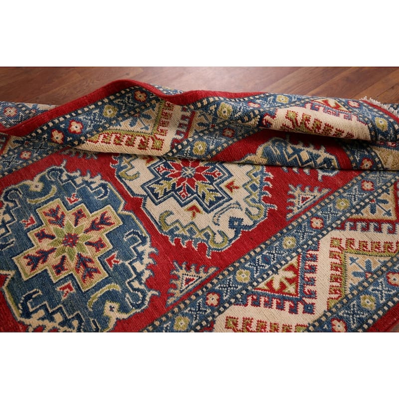 Geometric Kazak Accent Rug Hand-Knotted Red Wool Carpet - 3'3" x 4'9"