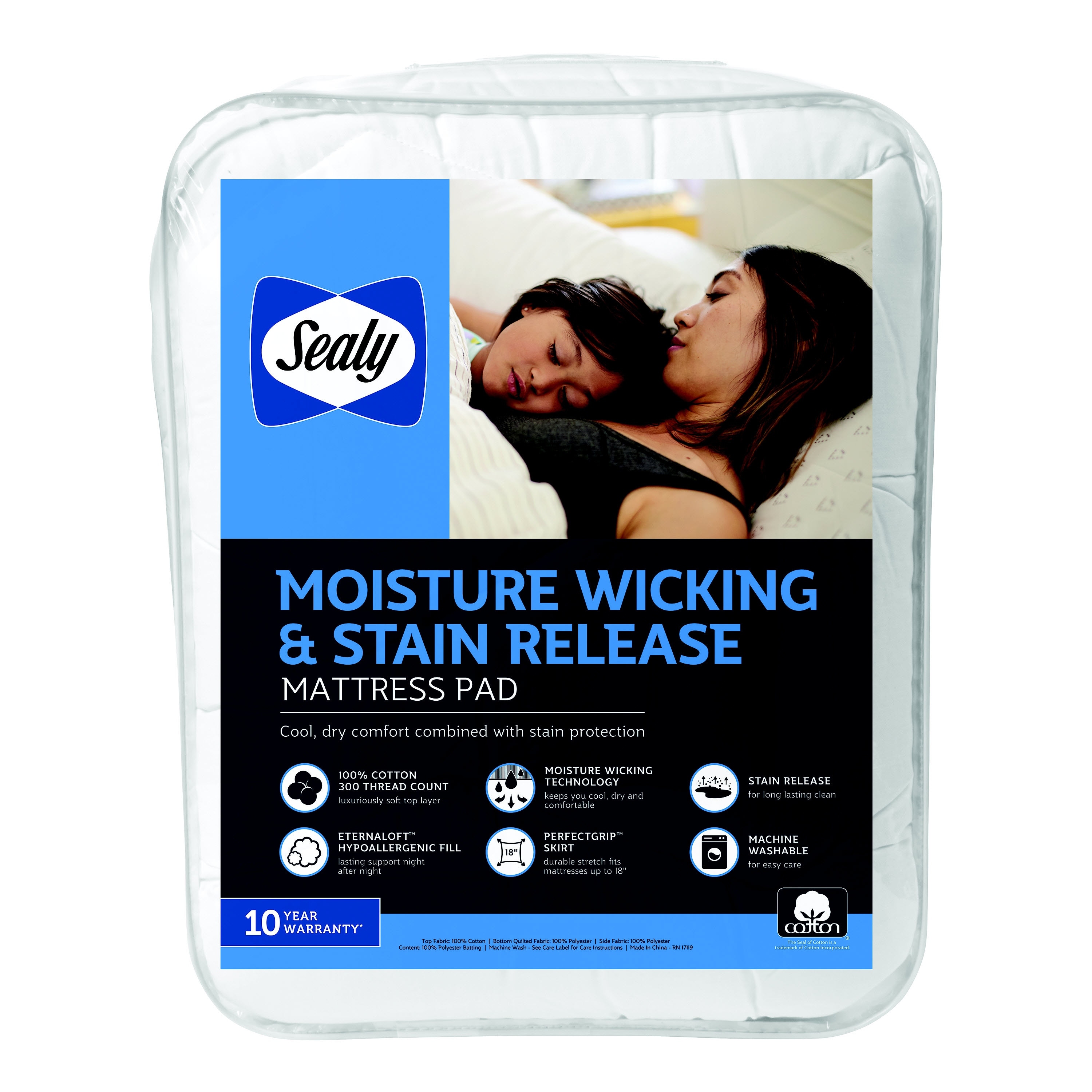 Sealy Cotton Moisture Wicking and Stain Release Mattress Pad - White