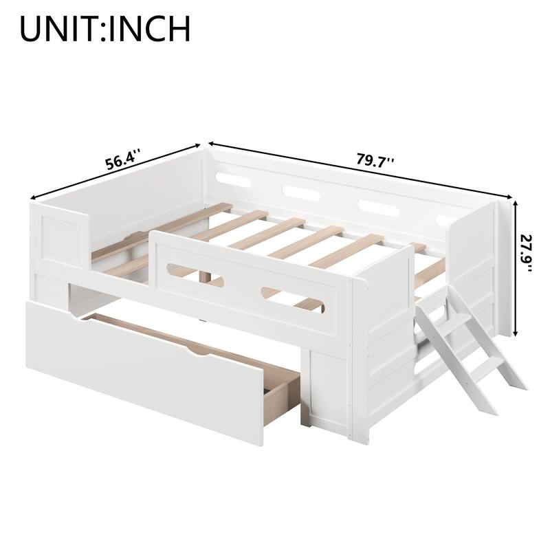 Roomfitters Full/Twin Size Wood Platform Bed with Underbed Storage Drawer and Safety Guardrails, Modern Low Loft Frame