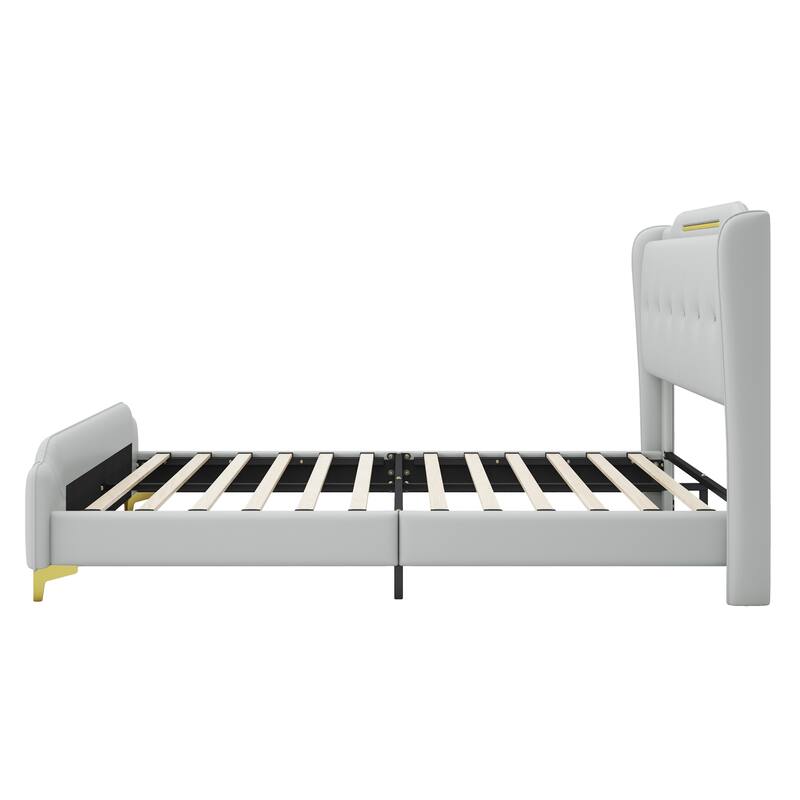 PU Upholstered Queen Size Leather Bed frame with Wingback Headboard and Footboard