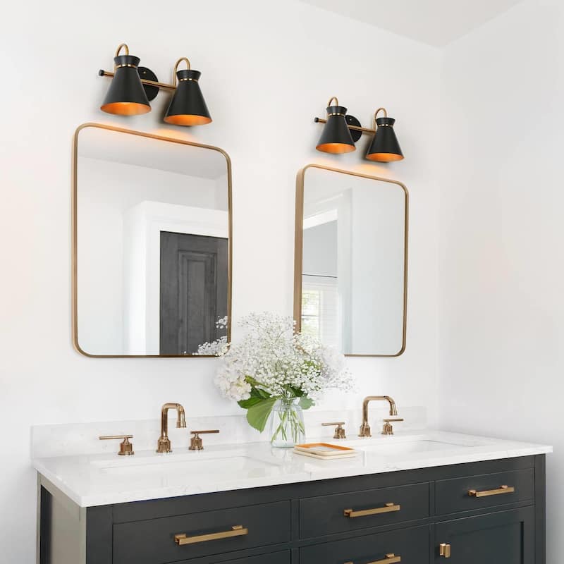 2-Light Modern Black Gold Bathroom Vanity Light Dimmable Metal Wall Sconce - 14.5" L x 7" W x 8.5" H