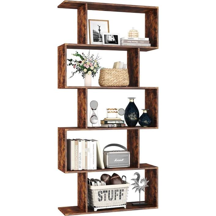 S-Shaped Bookshelf, Black Geometric Bookcase for Home & Office - Rustic Brown/5 Tier