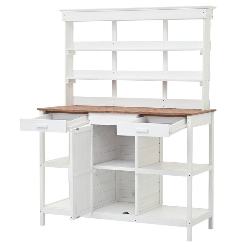 66" Large Outdoor Wooden Potting Bench Table, Garden Workstation with 2 Drawers, Cabinet Open Shelves for Backyard