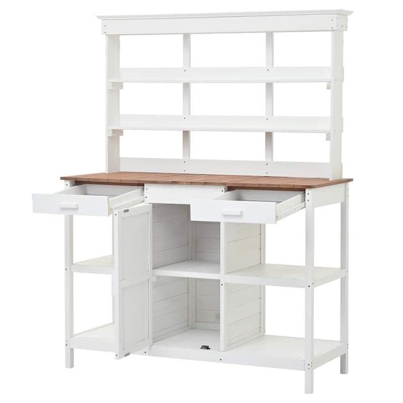 Roomfitters 66" Farmhouse Outdoor Potting Bench Table with 2 Drawers, Cabinet and Open Shelves