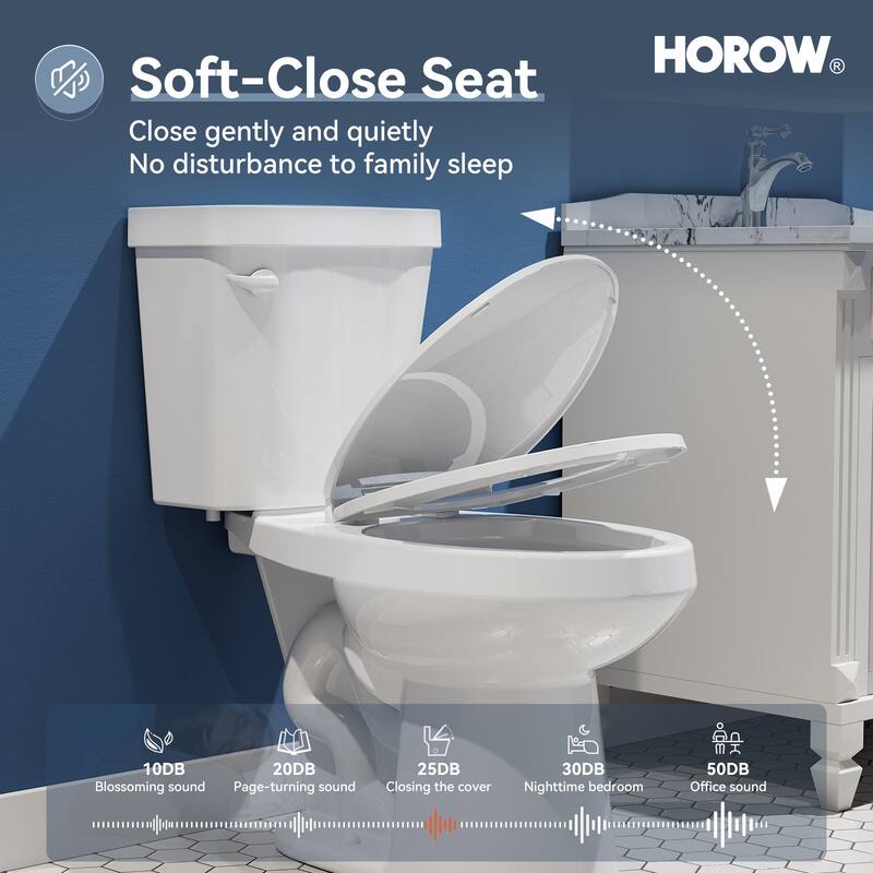 HOROW 2 Piece ADA Height Single Flush Elongated Toilet White 1.28 GPF Strong Flush Soft Close Seat - 17 Inch