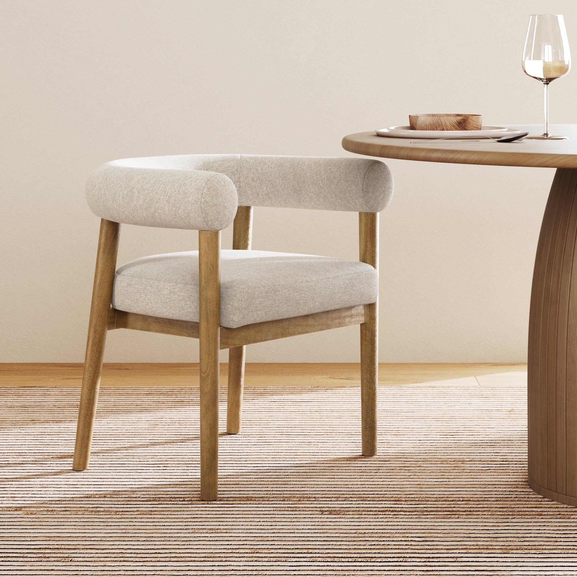Demi Modern Dining Chair, Barrel Back Dining Chair with Solid Wood Legs and Natural Flax Upholstery