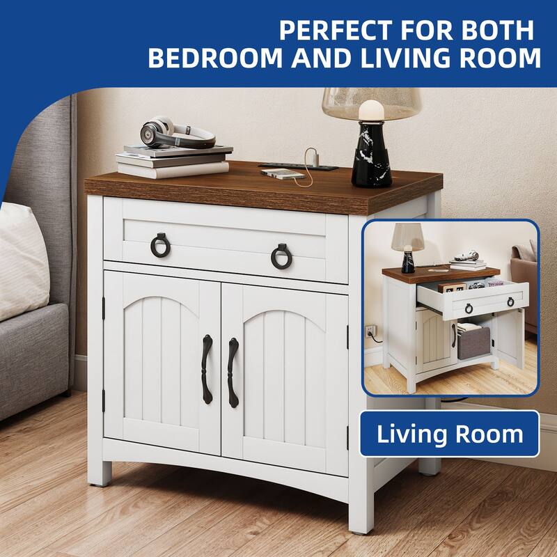 Moasis Farmhouse Nightstand with Charging Station,End Table with 2-Door Cabinet