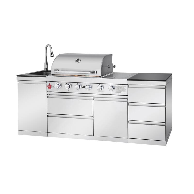 GDFStudio Zarethion Stainless Steel Outdoor Kitchen Island Grill with 4 Burners, Rotisserie and Storage Drawers