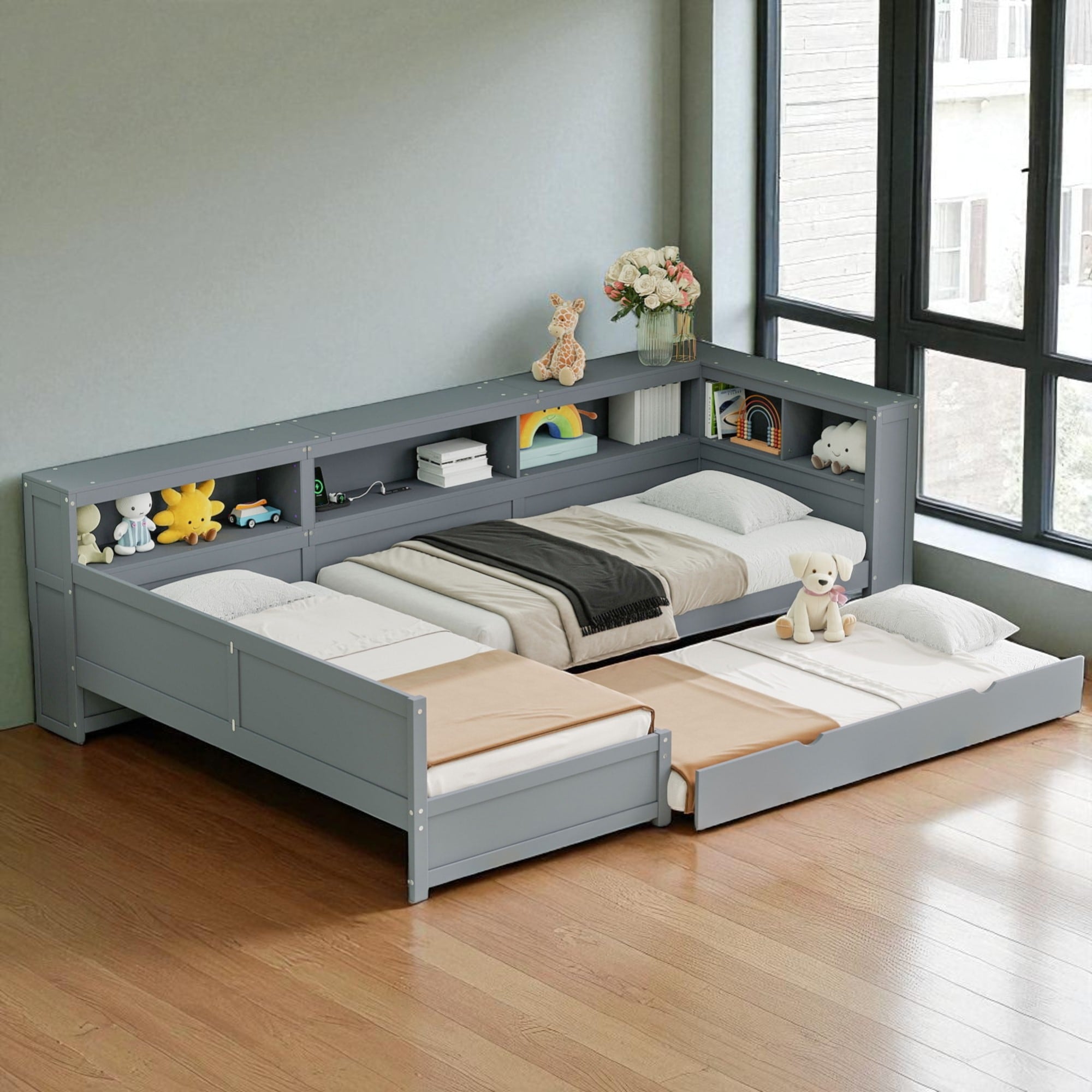 Twin Size L-Shaped Platform Bed with Trundle, Storage Drawer, Shelves, USB Charging Station, Solid Wood Frame