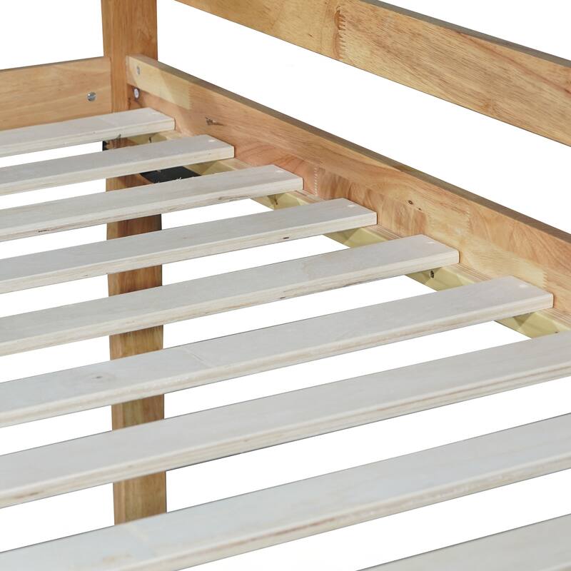 Wooden Twin over Twin Floor Bunk Bed with Ladder ,Upper and Bottom Bed Platforms