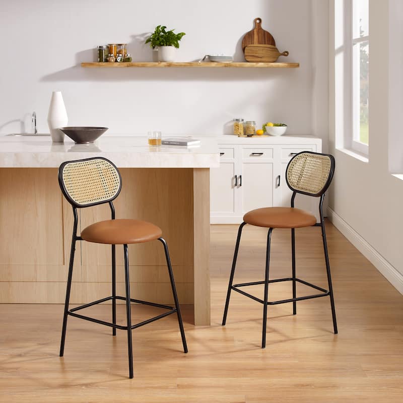 Art Leon Faux Leather Counter Height Bar Stool with Rattan Back On
