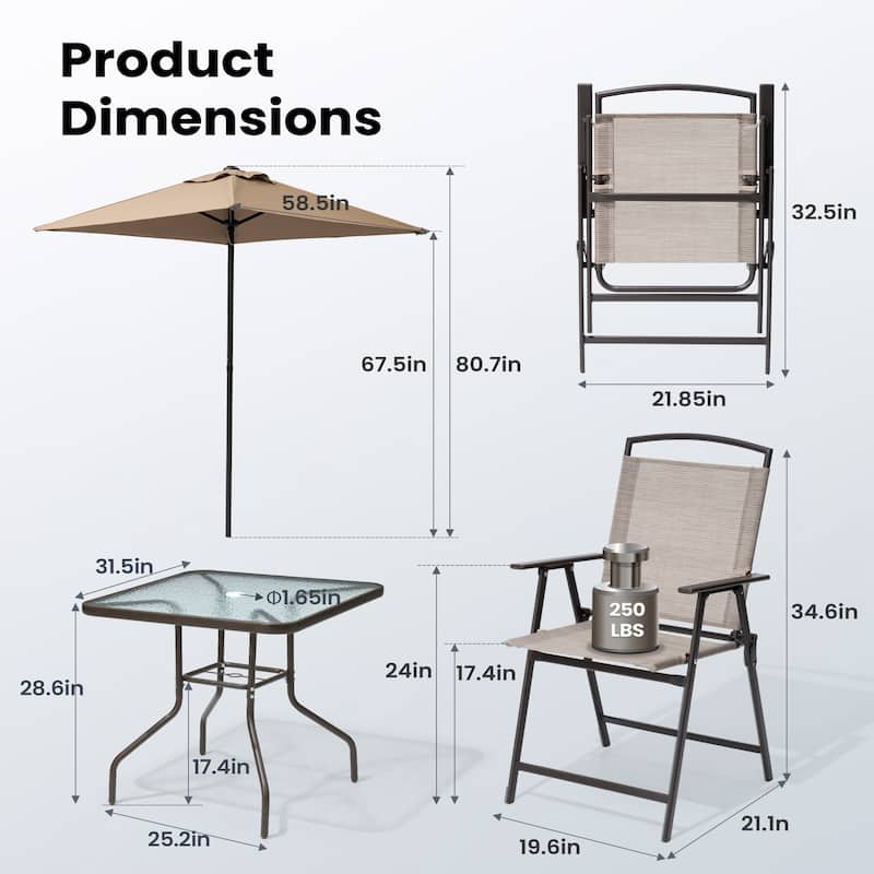 Pellebant 6 Piece Patio Set with Table, Umbrella and 4 Folding Chairs - 22.4"Wx26.8"Dx34.4"H