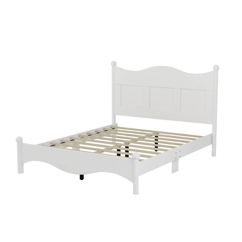 Queen Size Retro Style Wood Platform Bed Frame with Wooden Slat Support, Elegant White Design