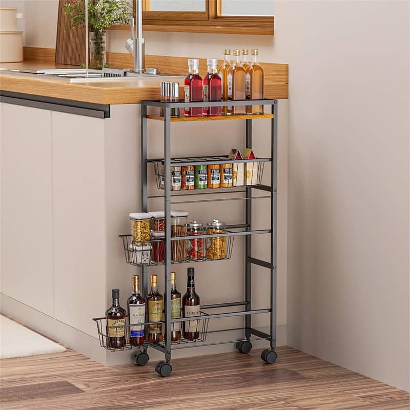 4 Tier Slim Rolling Storage Cart with Pull Out Baskets - 7.68"D x 16.54"W x 35.43"H - 7.68"D x 16.54"W x 35.43"H - Rustic Brown + Classic Black