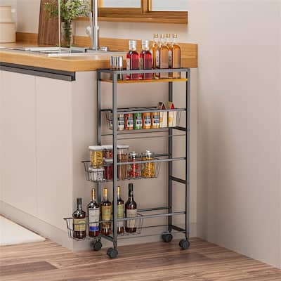 4 Tier Slim Rolling Storage Cart with Pull Out Baskets - 7.68"D x 16.54"W x 35.43"H