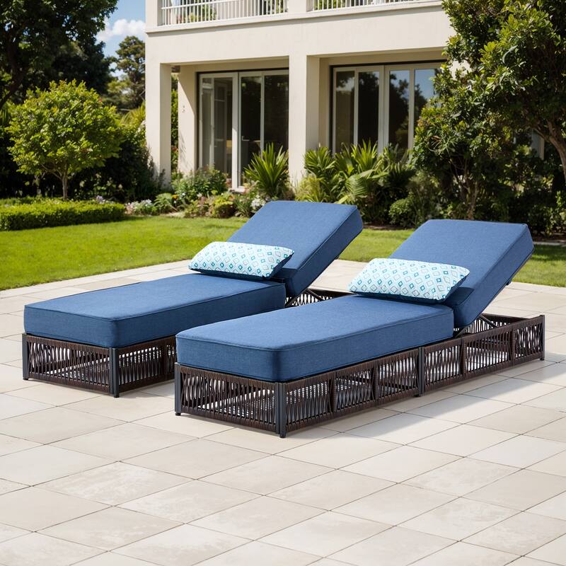 ArcoBay Brown Wicker Outdoor Patio Chaise Lounge with 5-Inch Thick Cushions (2-Pack) - Navy Blue
