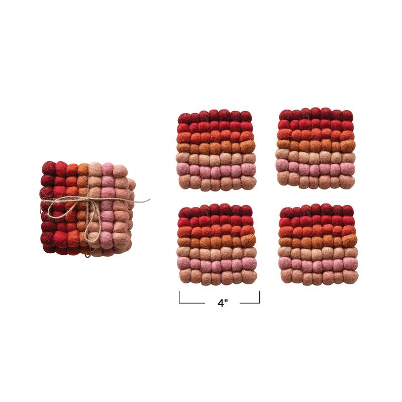 Handmade Wool Felt Ball Coasters, Set of 4 - 4.0"L x 4.0"W x 3.0"H