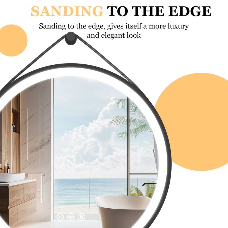 Round Black Framed Bathroom Mirrors Vanity Lighting with Microfiber Leather Hanging Strap