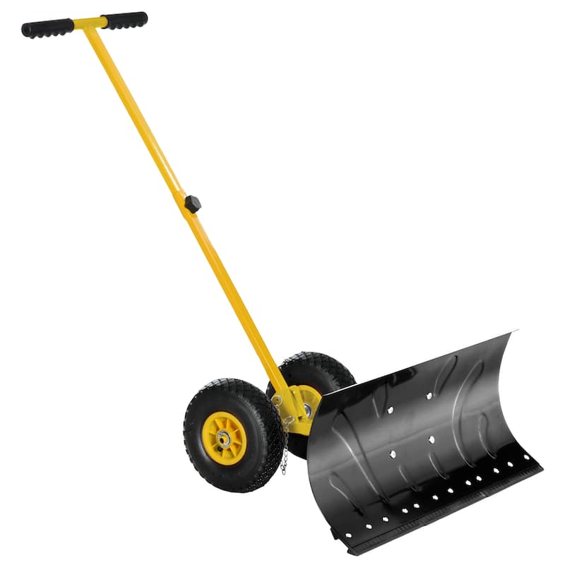 Snow Shovel with Wheels, Snow Plow Shovel Angle & Adjustable Handle - Yellow