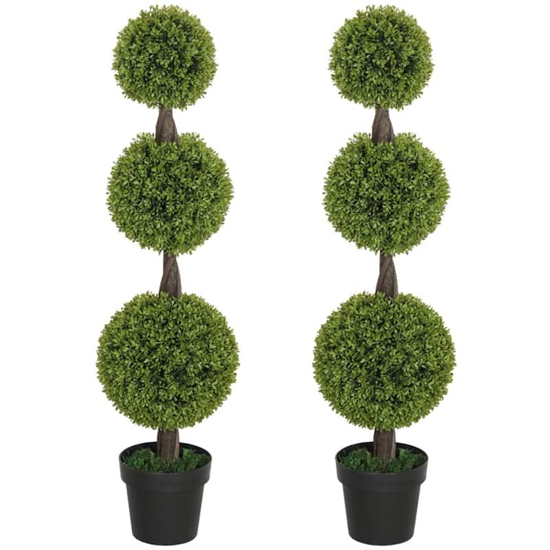 Set of 2 Green Artificial Boxwood Topiary Plants with Three Ball Design and Cement Base for Indoor Outdoor - 7.7" x 45.3" - Green