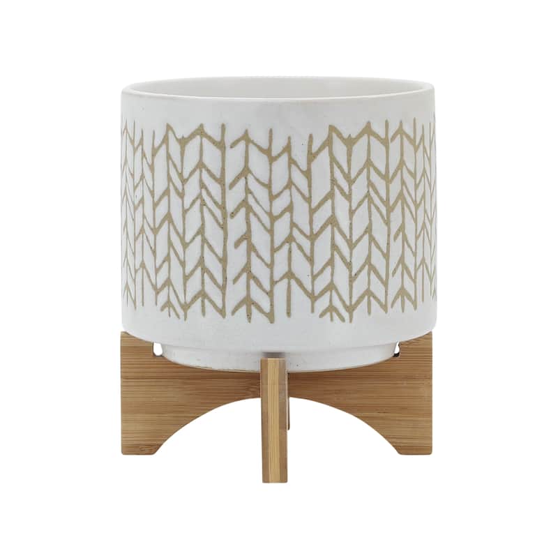8" Ceramic Planter Stand, Ivory/Beige Chevron with Wooden Base, Indoor/Outdoor Planter with Stand For Your Succulents