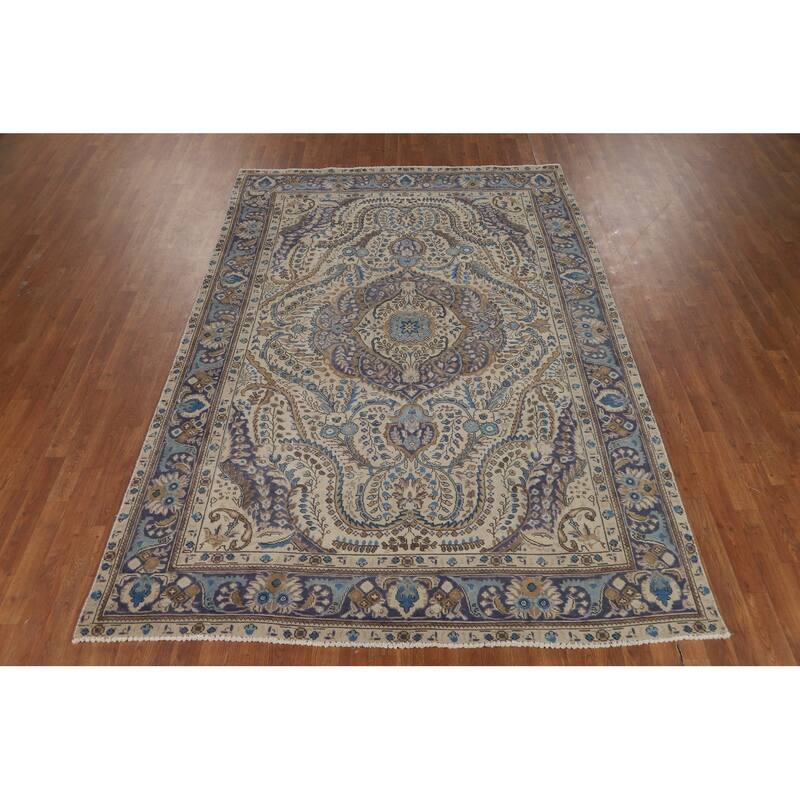 Beige Tabriz Persian Area Rug Hand-Knotted Oriental Wool Carpet - 6'5"x 9'4"