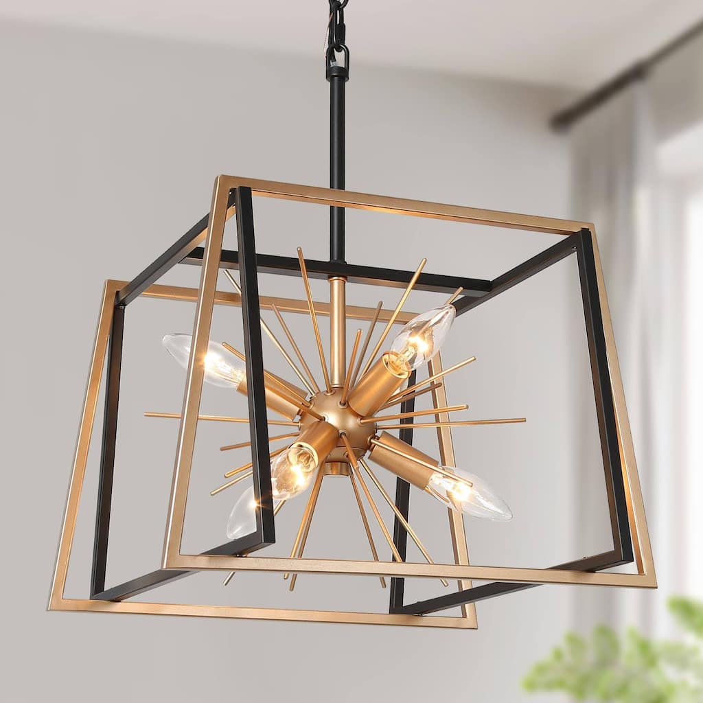 Modern Farmhouse 6-Light Black Gold Sputnik Chandelier Geometric Island Lights for Kitchen