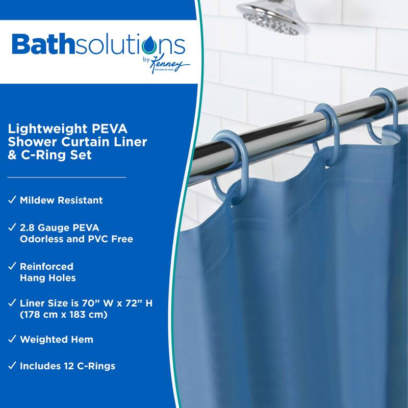 Kenney Lightweight PEVA Shower Curtain Liner and C-Ring Set, 70" W x 72" H