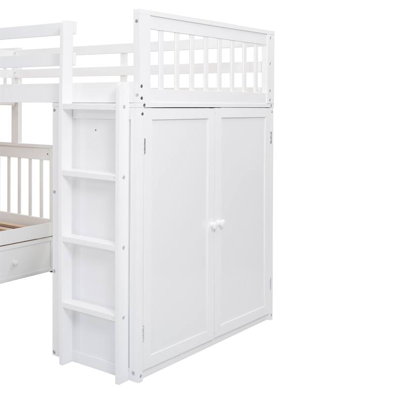 Merax Twin-Twin over Full L-Shaped Bunk Bed With 3 Drawers, Portable Desk and Wardrobe