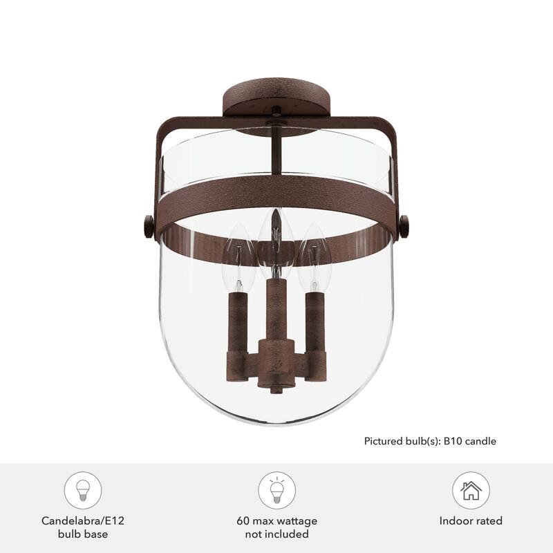 Hunter Karloff Clear Glass 3 Light Flush Mount Ceiling Light - Rustic, Industrial, Transitional