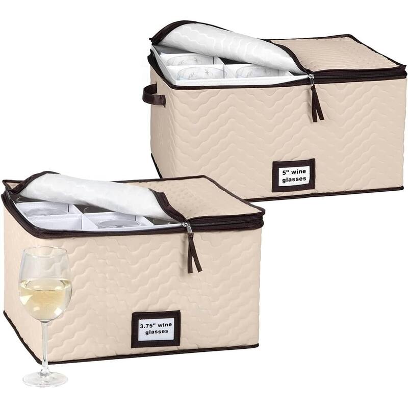 Hold N' Storage - Pack of 2 Sizes Wine Glass Storage with Dividers and Carry Handles. Each Holds 12 Standard Size Glasses - 18.5" W 13.75" L 10" H and 15" W x 12.5" L x 10" H - Beige