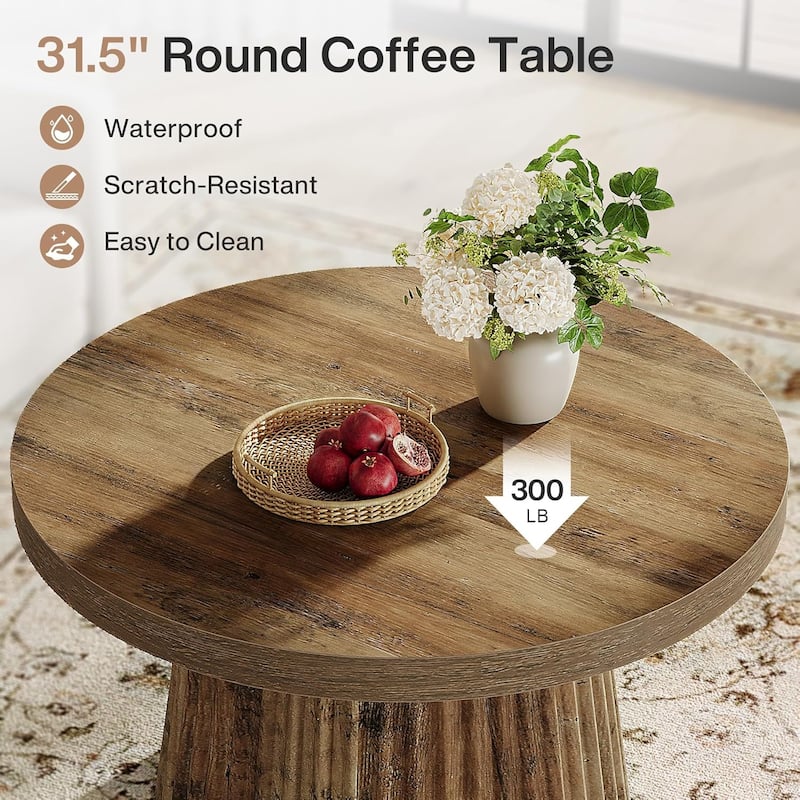 Round Coffee Table, 31.5" Modern Circle Center Table with Fluted Drum Base