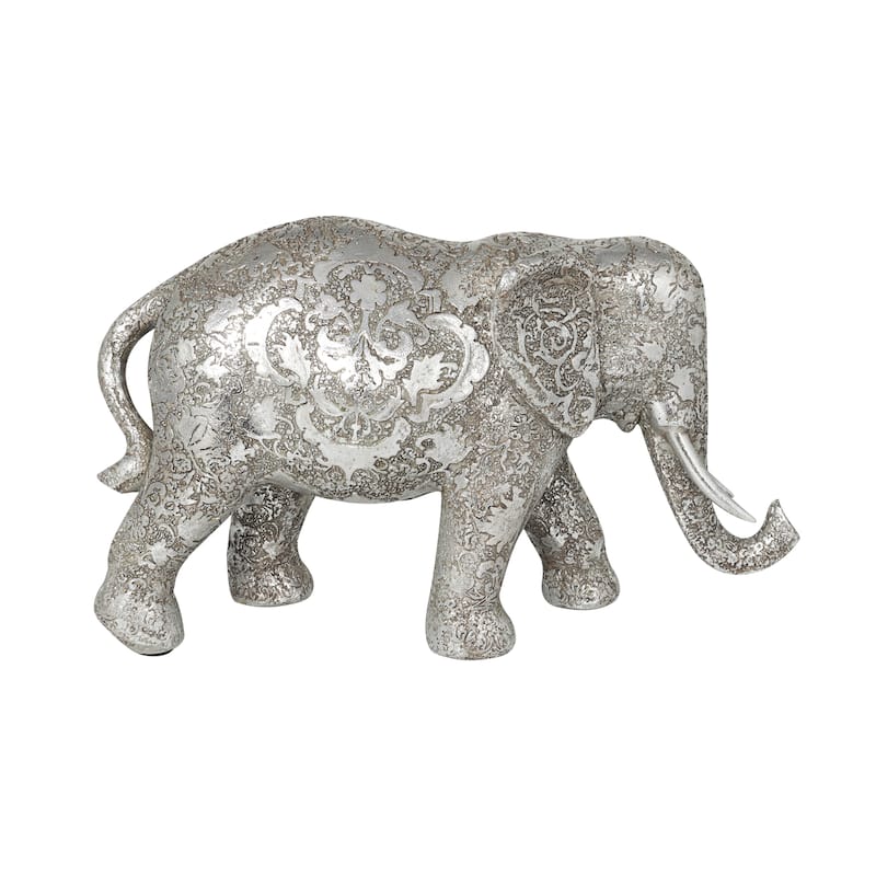 Silver Polystone Engraved Floral Elephant Decorative Sculpture