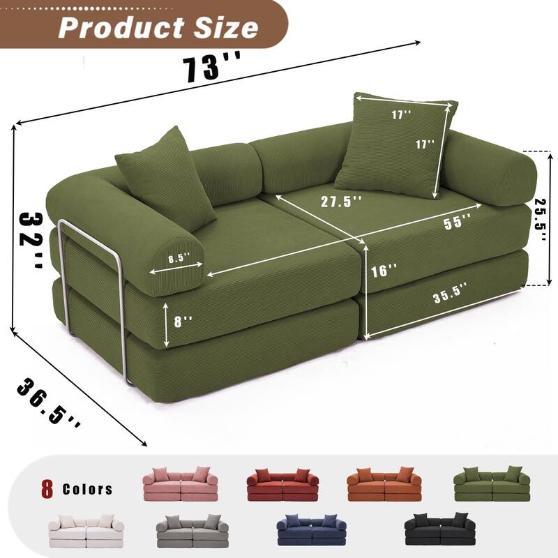 Modular Couch Sofa Bed, Convertible Design with Removable Armrests,Folding Mattress Couch for Small Spaces ,No Assembly
