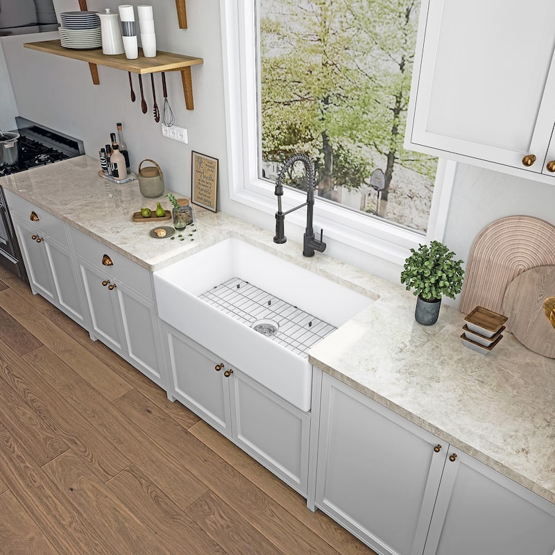 Sinber Farmhouse Apron Single Bowl Kitchen Sink with Fireclay White Finish