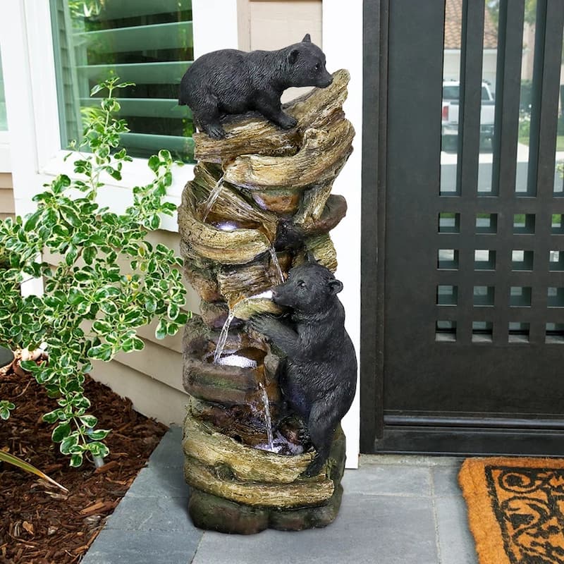 39.3in Tall Outdoor Water Fountain Resin Bear Patio Waterfall Fountain