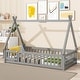 preview thumbnail 27 of 40, Full Size Teepee Tent-Shaped Floor Bed with Guardrails and Slats, No Box Spring Required Twin Grey