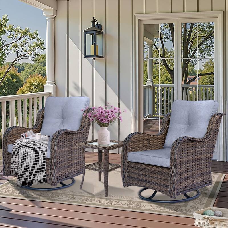 3 Piece Outdoor Patio Conversation Wicker Furniture Swivel Chairs Sets