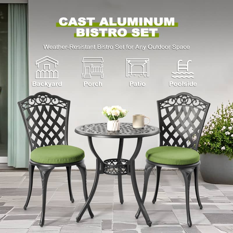 Patio 3-Piece Cast Aluminum Bistro Set with Cushions, Umbrella Hole
