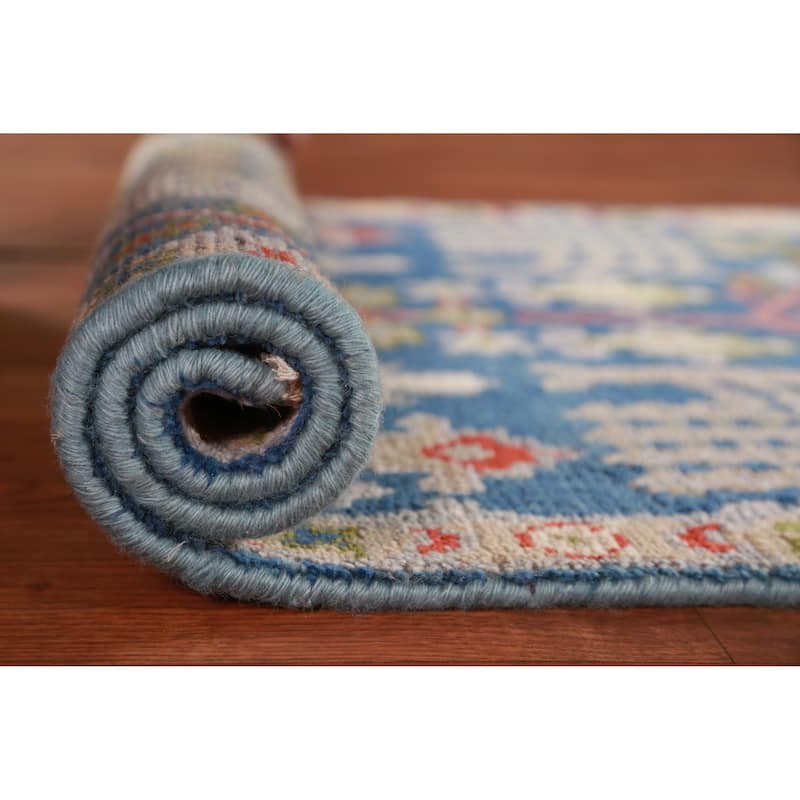 Hand Knotted Oriental 100% Wool Carpet Transitional Geometric Navy Blue & Blues Oushak Area Rug - 6' 0'' X 2' 7''