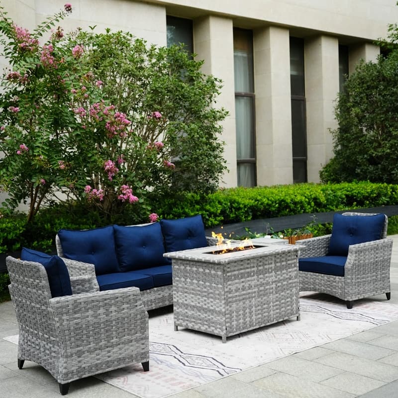 5-Piece Patio Wicker Sofa Set with Firepit Table and Rain cover