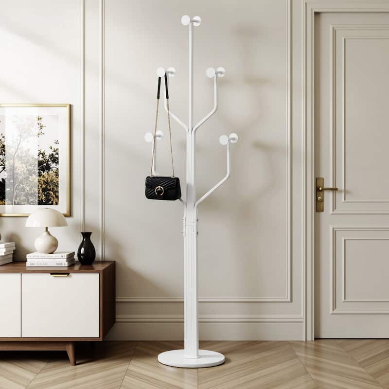Freestanding Metal Coat Rack with 10 Hooks and Heavy Duty Marble Base - 68.1"H x 18.5"W(top) x 13.2"Dia(base) - White